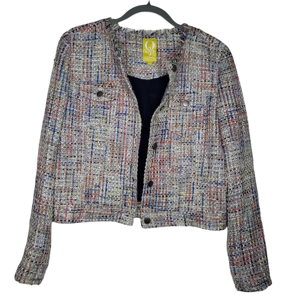 Q Mack Tweed Jacket with Fringe Trim in Blue Multi, Size Large